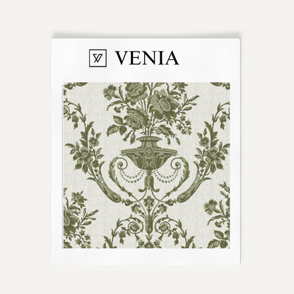 Olive green Florentine urn upholstery fabric swatch by Venia Home