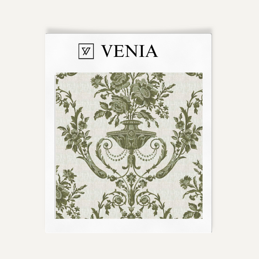 Olive green Florentine urn upholstery fabric swatch by Venia Home