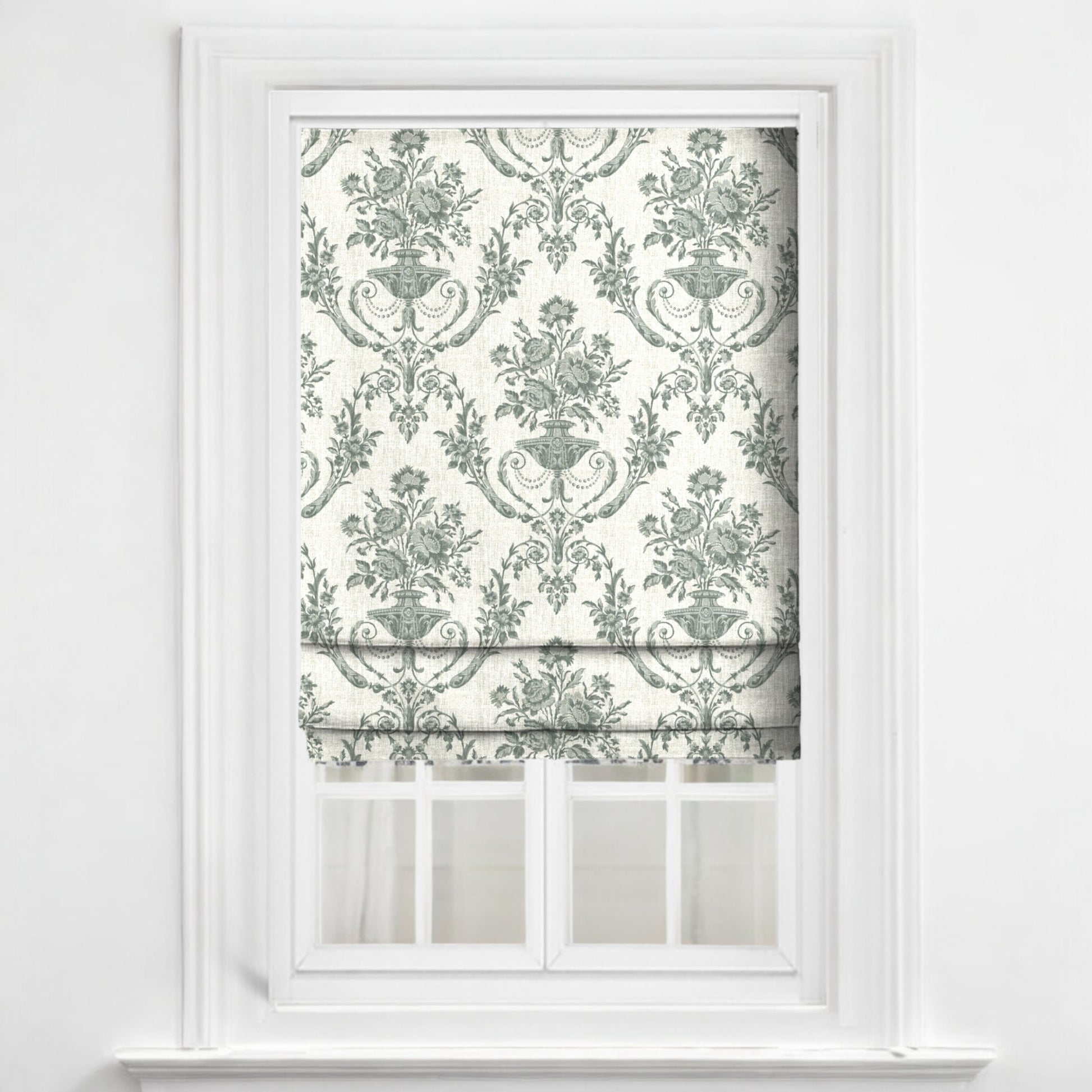 Sage green Florentine urn fabric as blinds