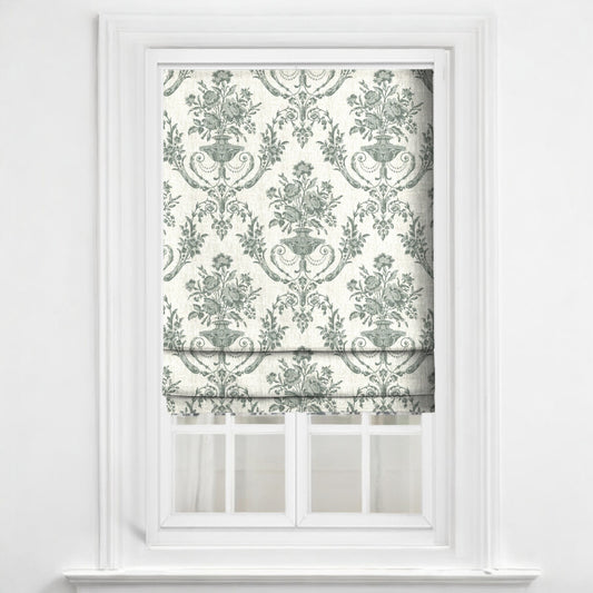 Sage green Florentine urn fabric as blinds