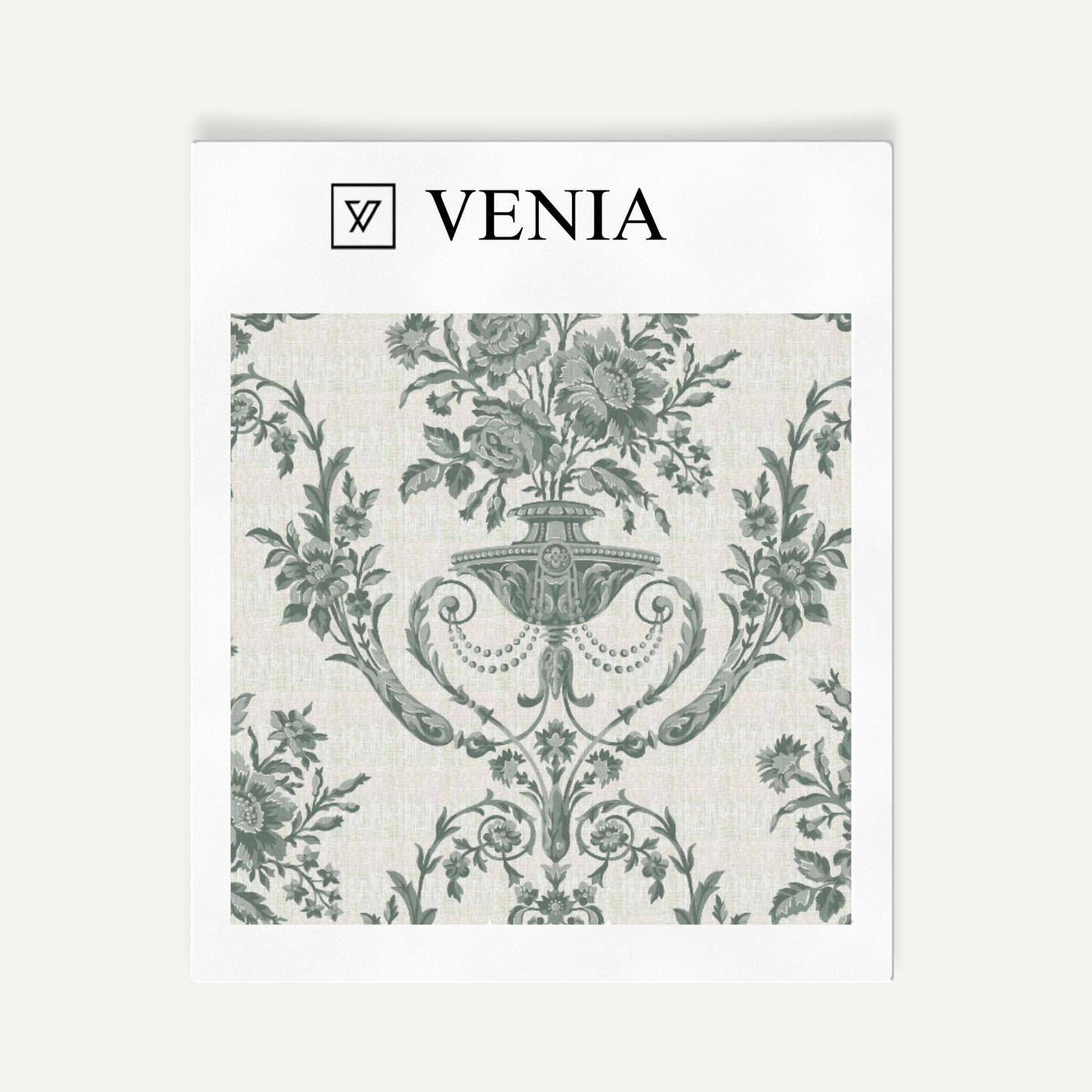 Sage green Florentine urn upholstery fabric swatch by Venia Home