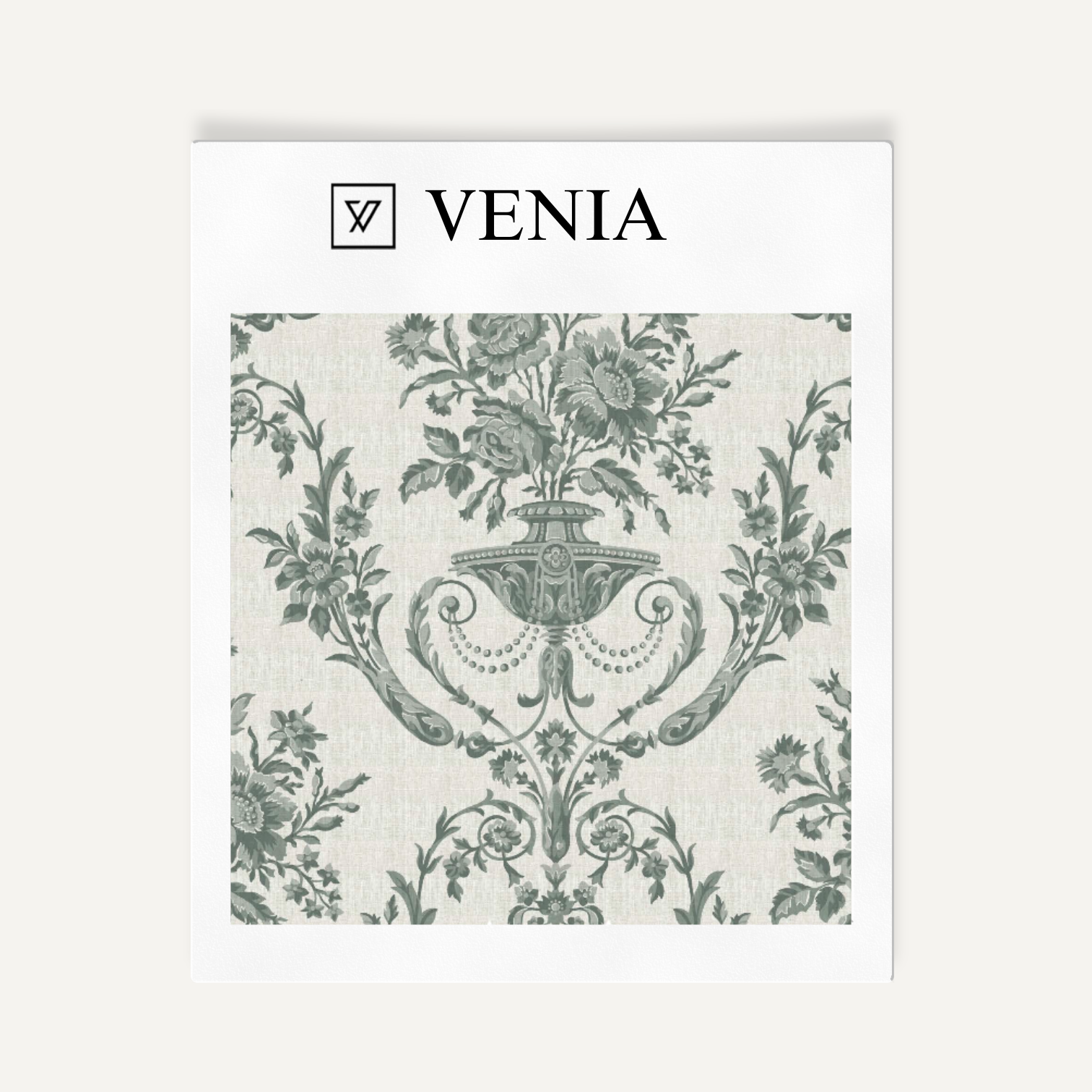 Sage green Florentine urn upholstery fabric swatch by Venia Home