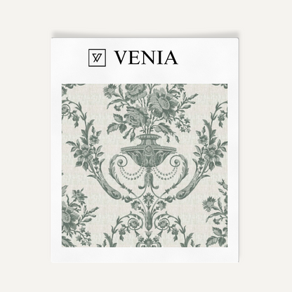 Sage green Florentine urn upholstery fabric swatch by Venia Home