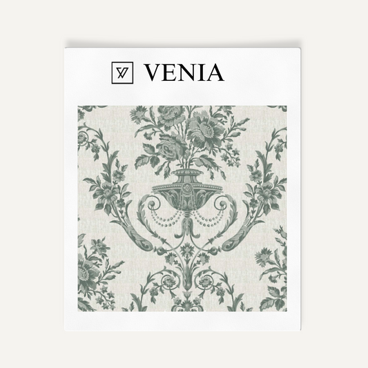 Sage green Florentine urn upholstery fabric swatch by Venia Home