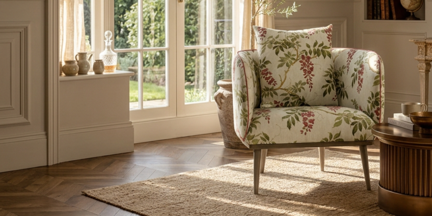 Crimson flower field fabric styled on an armchair