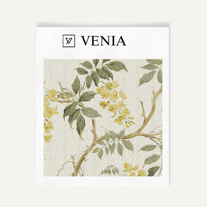 Yellow ochre flower field upholstery fabric swatch by Venia Home