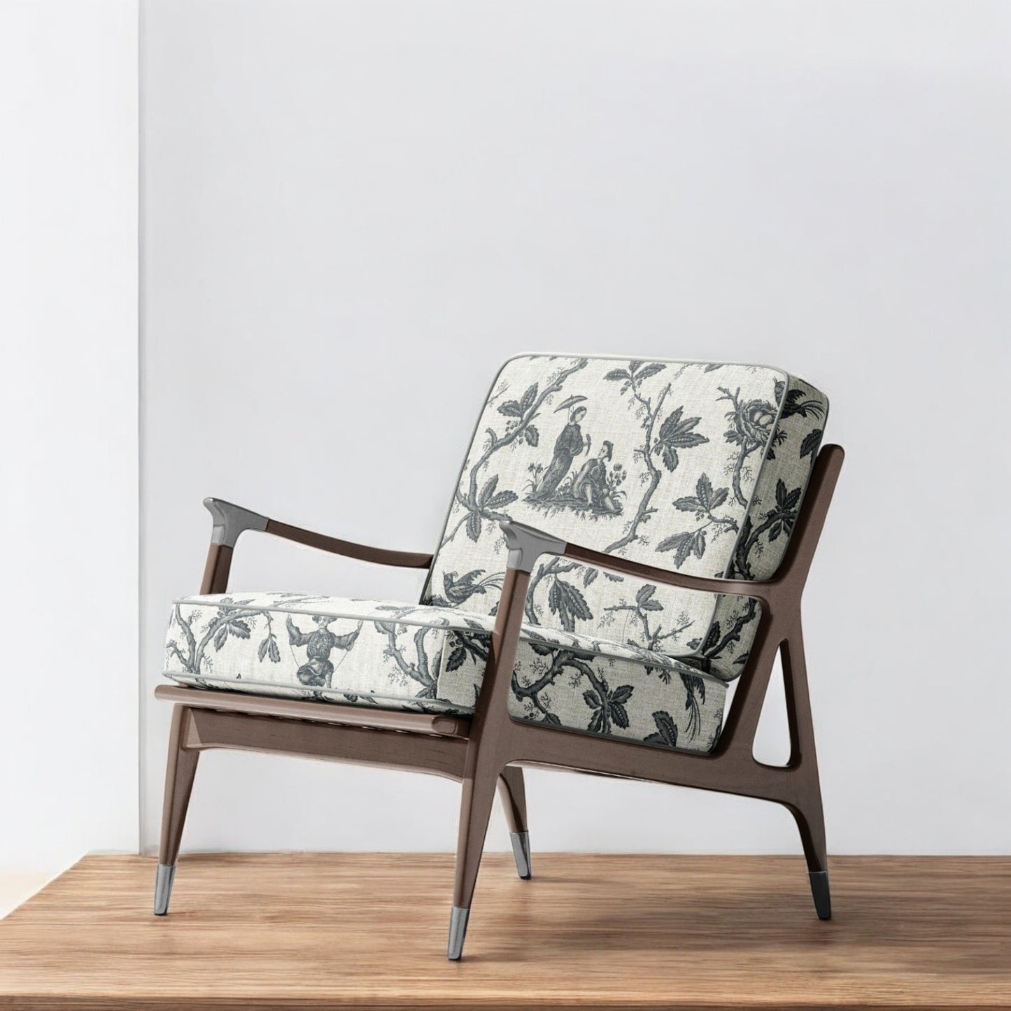 Charcoal folklore toile fabric on an accent chair