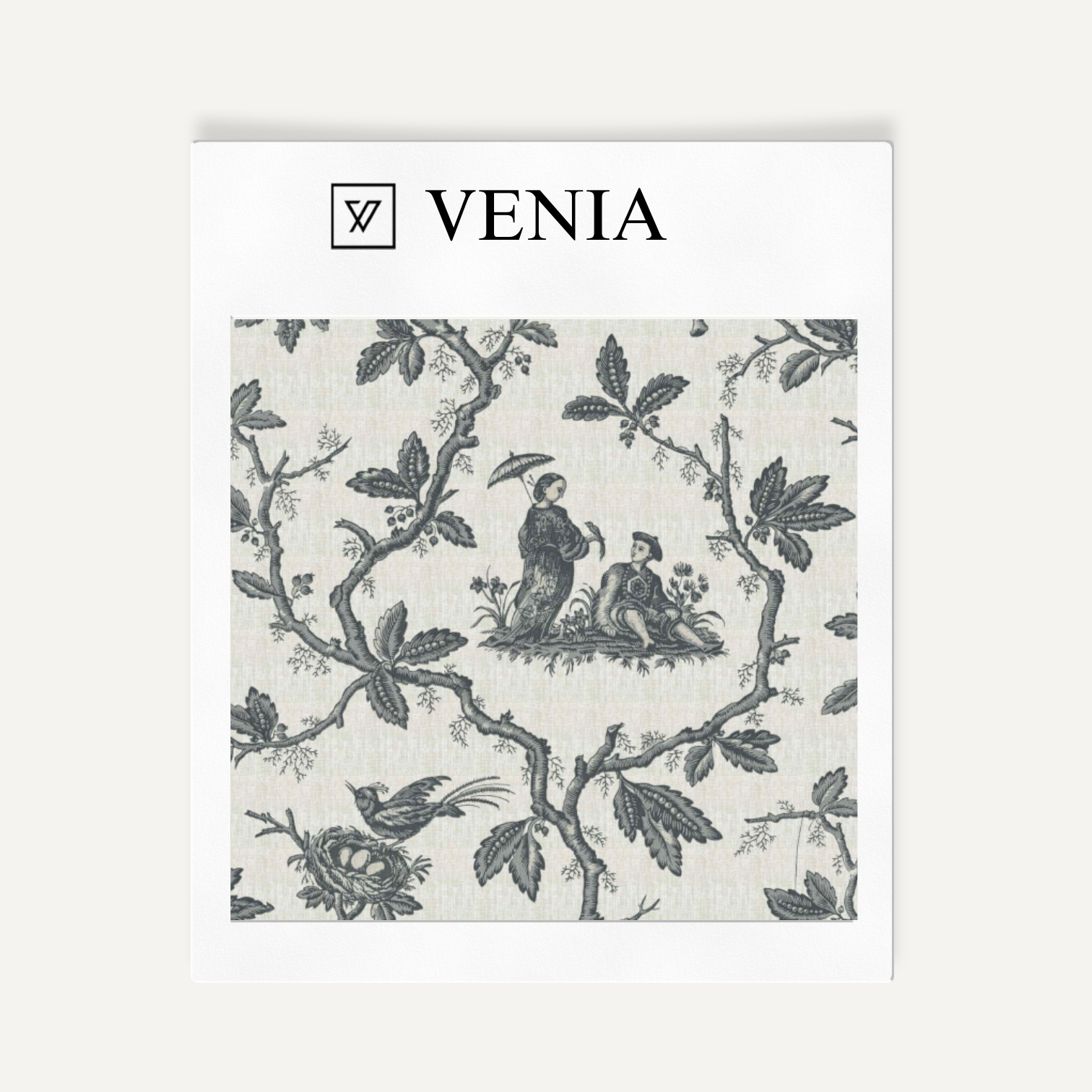 Charcoal folklore toile upholstery fabric swatch by Venia Home