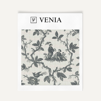 Charcoal folklore toile upholstery fabric swatch by Venia Home