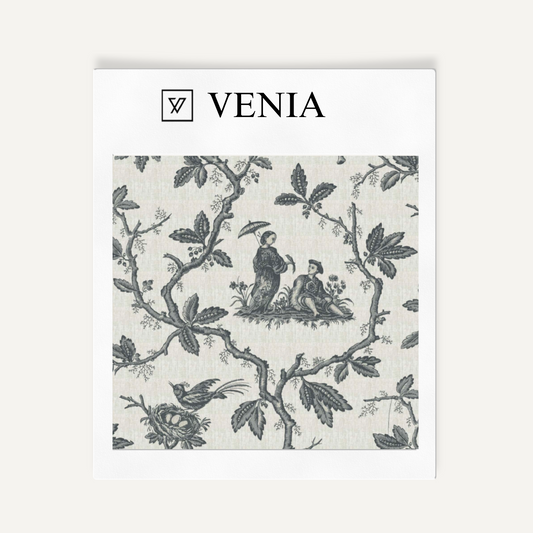 Charcoal folklore toile upholstery fabric swatch by Venia Home