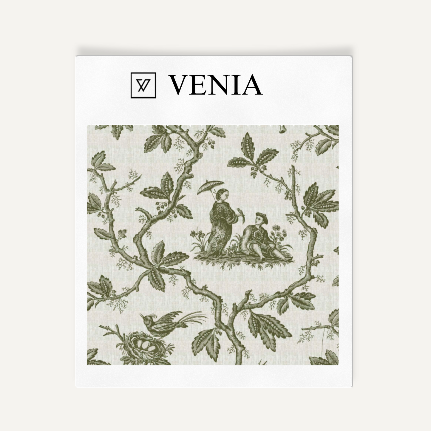 Green folklore toile upholstery fabric swatch by Venia Home
