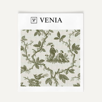 Green folklore toile upholstery fabric swatch by Venia Home
