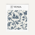 Midnight blue folklore toile upholstery fabric swatch by Venia Home