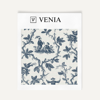 Midnight blue folklore toile upholstery fabric swatch by Venia Home