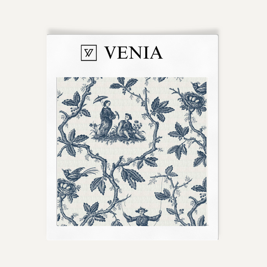 Midnight blue folklore toile upholstery fabric swatch by Venia Home