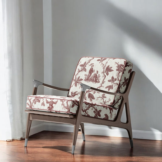 Redwood folklore toile fabric on an accent chair
