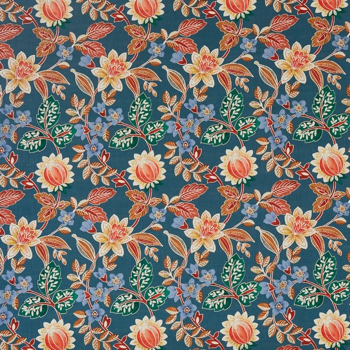 Close-up detail of indigo grand gardenia fabric
