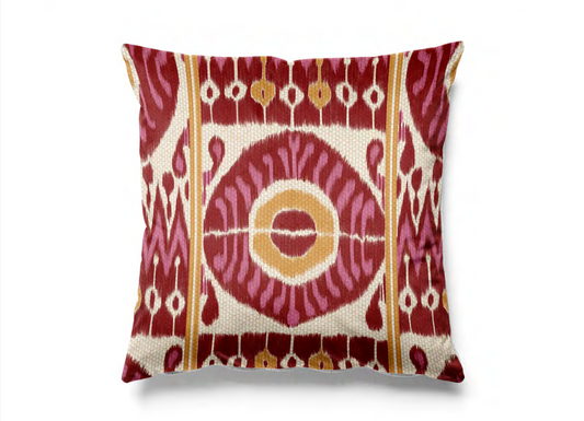 Close-up detail of pink grand medallion fabric