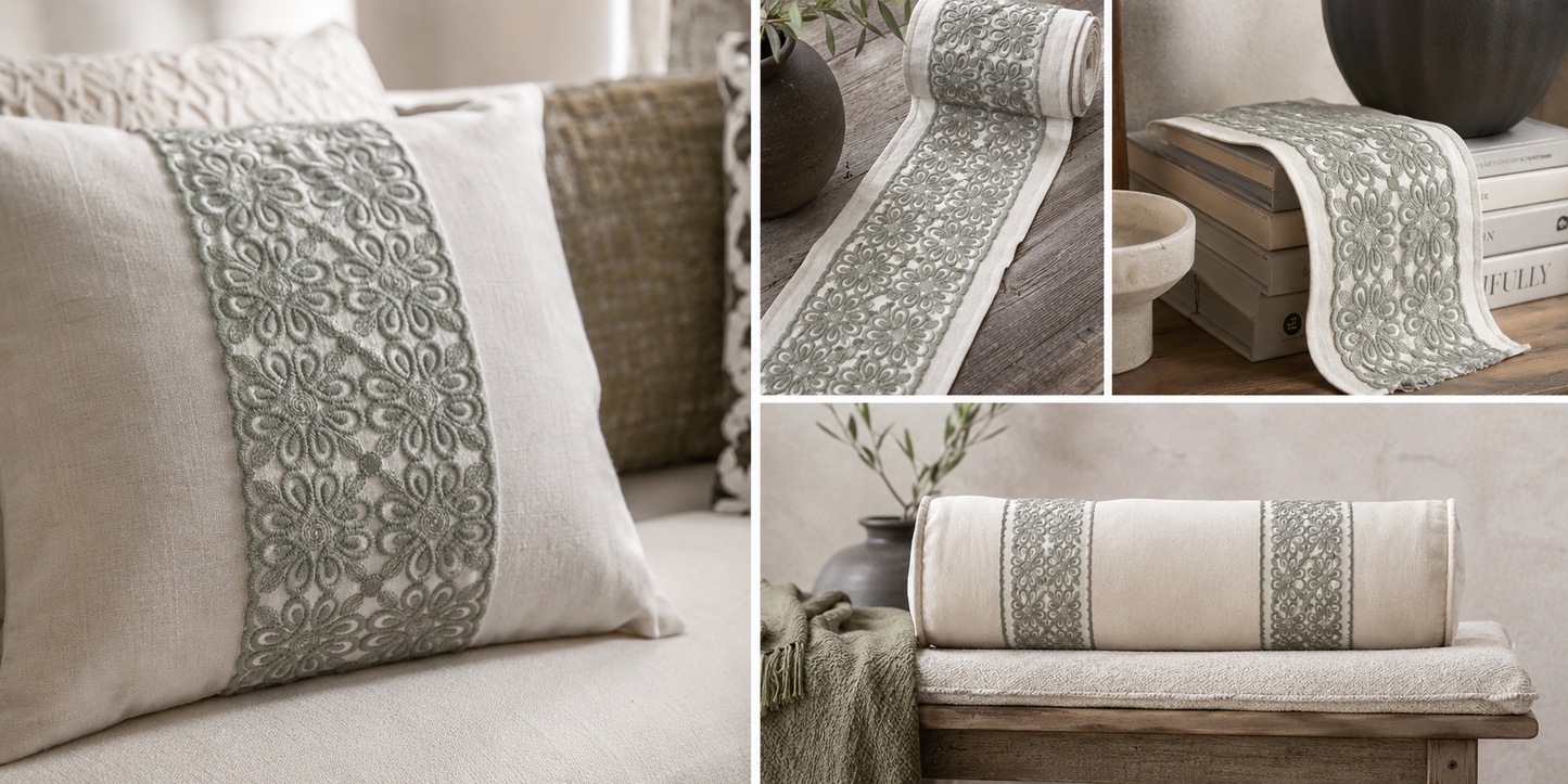 Close-up detail of jaal embroidered trim