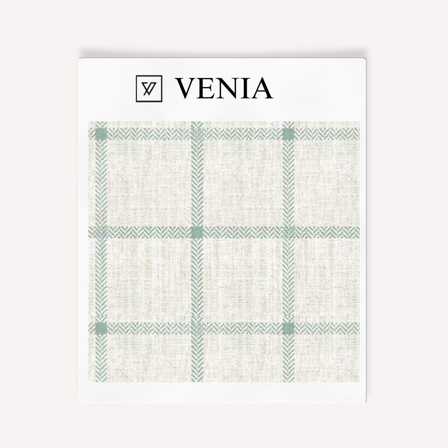 Ivory and jade green heritage check upholstery fabric swatch by Venia Home