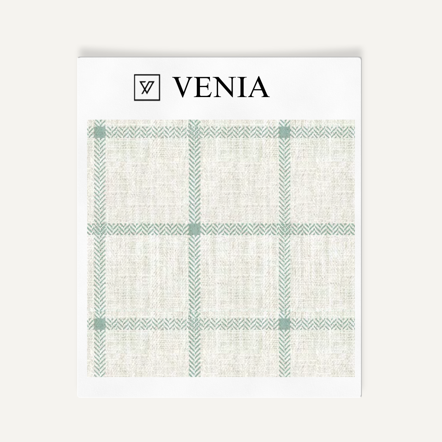 Ivory and jade green heritage check upholstery fabric swatch by Venia Home