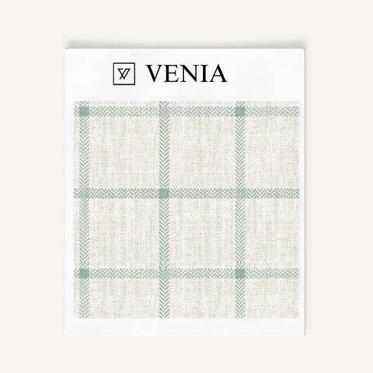Ivory and jade green heritage check upholstery fabric swatch by Venia Home
