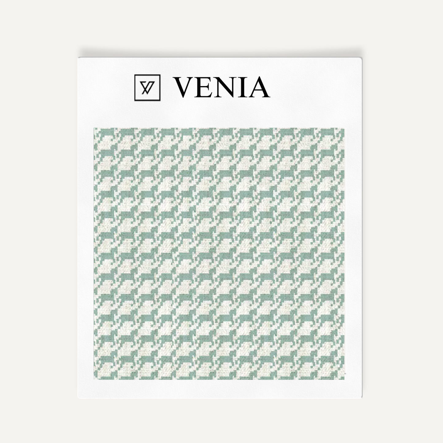 Ivory and jade green heritage houndstooth upholstery fabric swatch by Venia Home