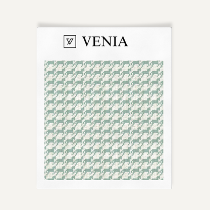 Ivory and jade green heritage houndstooth upholstery fabric swatch by Venia Home