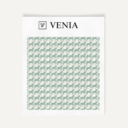 Ivory and jade green heritage houndstooth upholstery fabric swatch by Venia Home