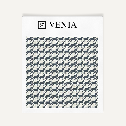 Ivory and navy heritage houndstooth upholstery fabric swatch by Venia Home