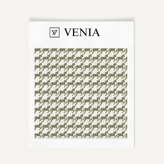 Ivory and olive heritage houndstooth upholstery fabric swatch by Venia Home