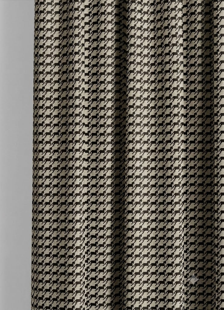 Close-up detail of taupe and black heritage houndstooth fabric