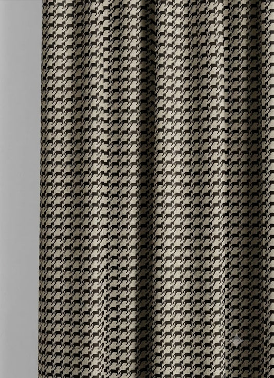Close-up detail of taupe and black heritage houndstooth fabric