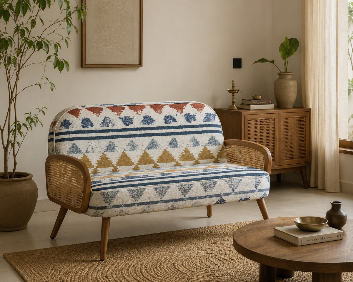 Nomad Kilim Fabric Spice – room setting | Venia Home