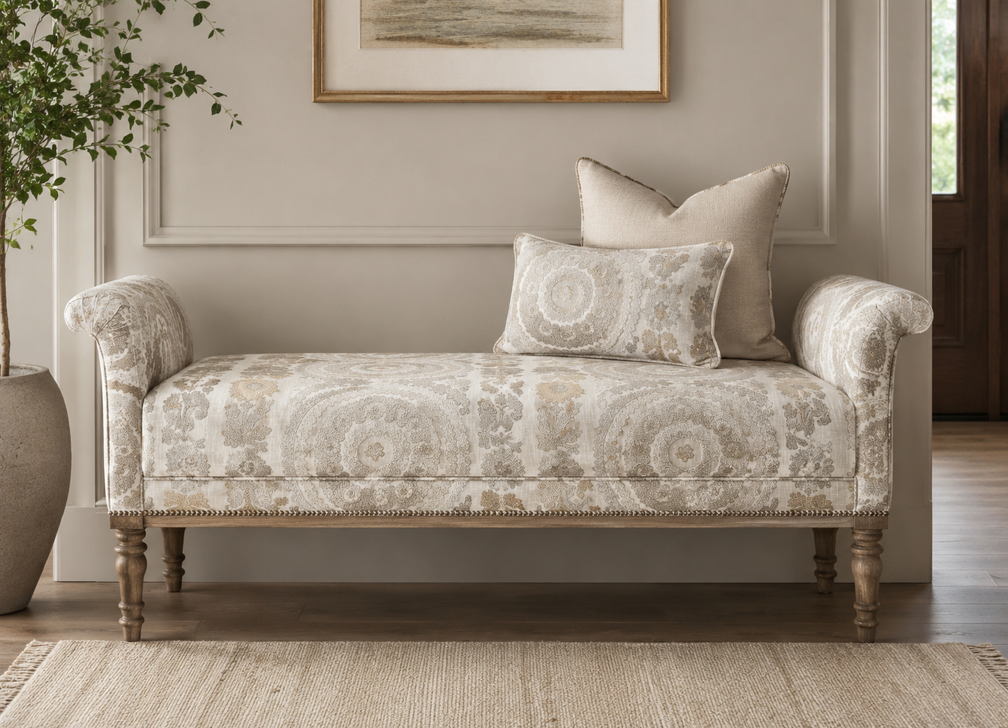 Sunburst Medallion Fabric Ivory Gold – room setting | Venia Home