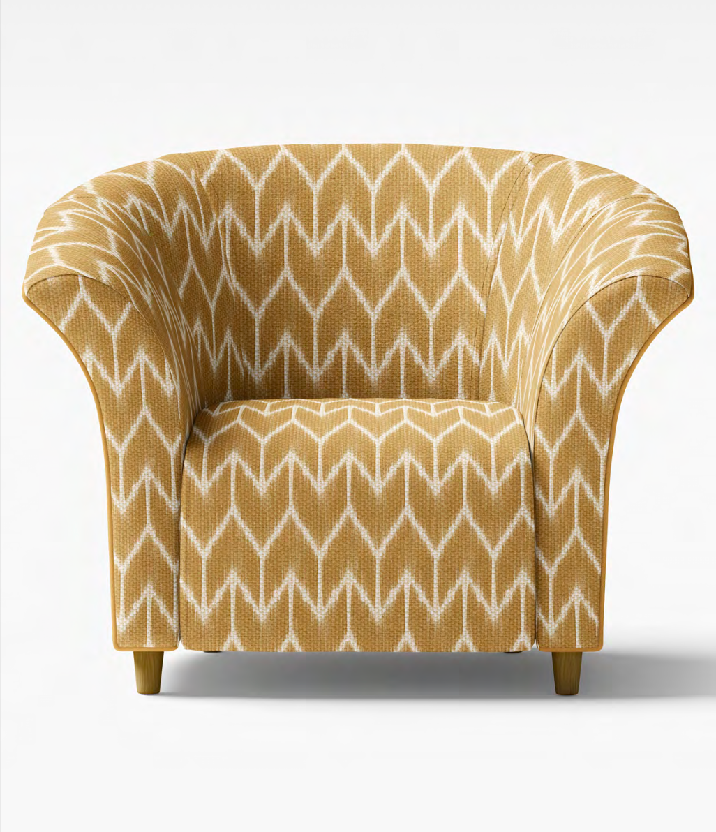 Close-up detail of mustard ikat arrowhead fabric