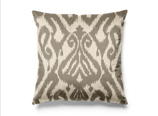 Close-up detail of grey ikat diamond fabric