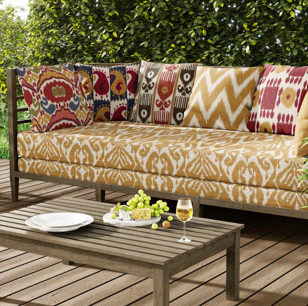 Close-up detail of ochre ikat diamond fabric