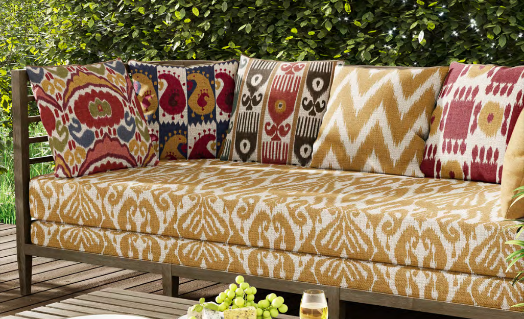 Close-up detail of ochre ikat diamond fabric