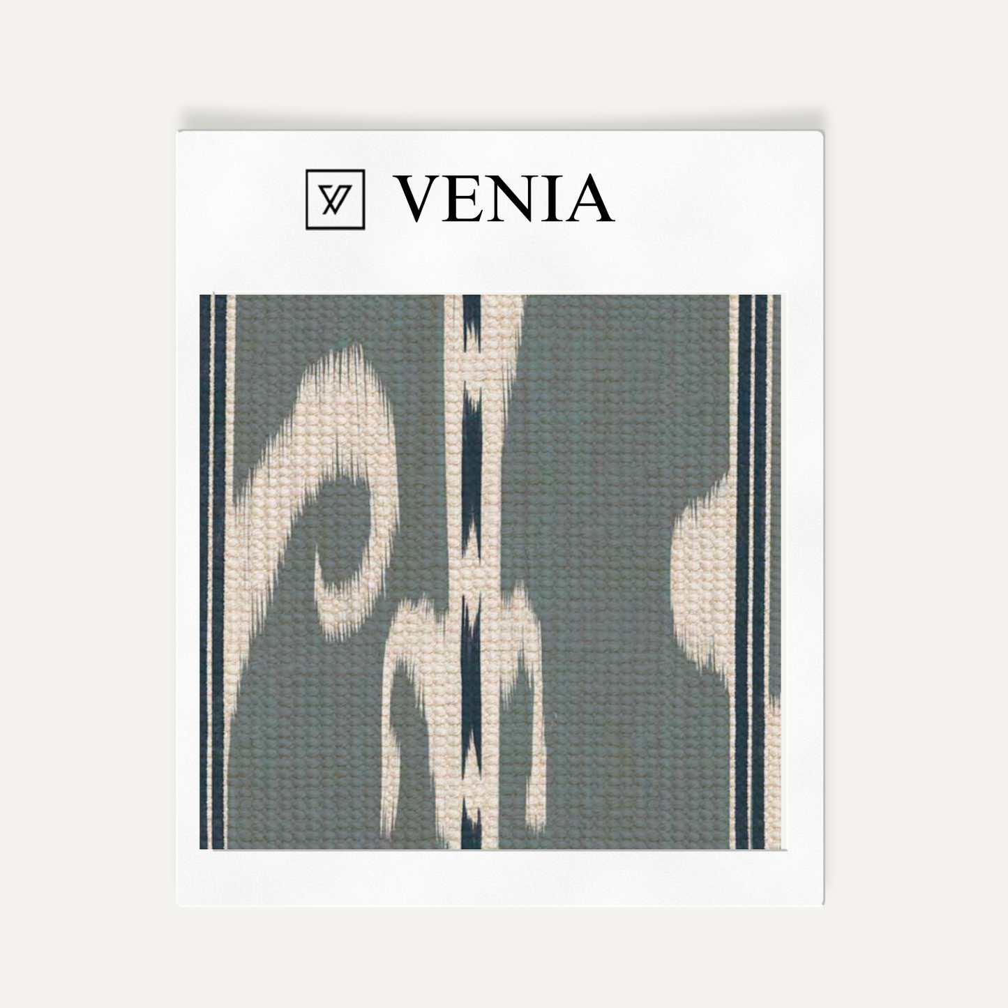 Blue-grey ikat scroll upholstery fabric swatch by Venia Home