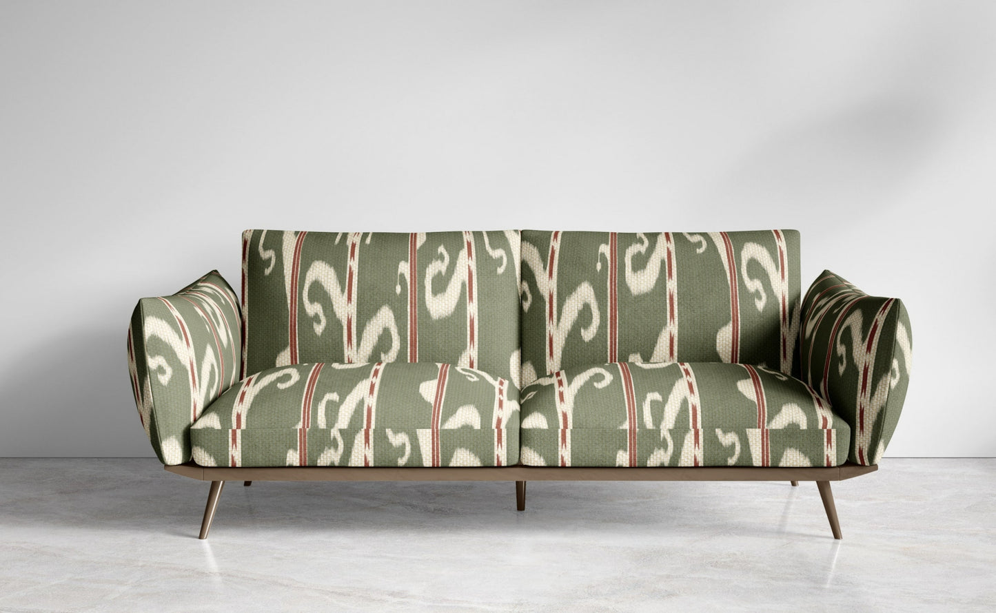 Close-up detail of green ikat scroll fabric