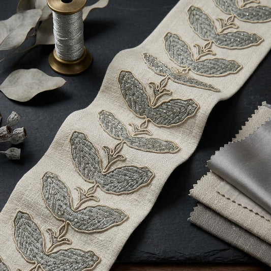 Leaf embroidered trim swatch by Venia Home