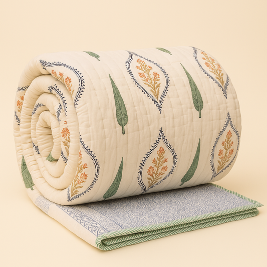 Leher block print quilt styled on a bed