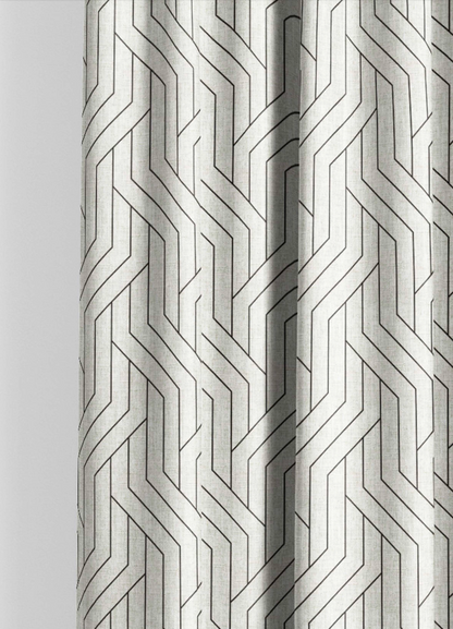 Close-up detail of ivory and black linear weave fabric