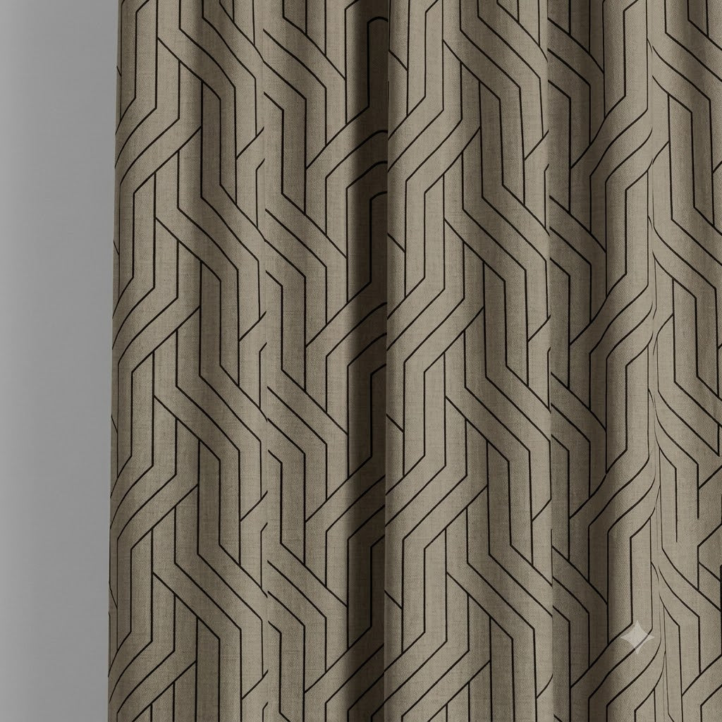 Close-up detail of taupe and black linear weave fabric
