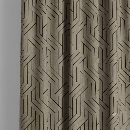 Close-up detail of taupe and black linear weave fabric