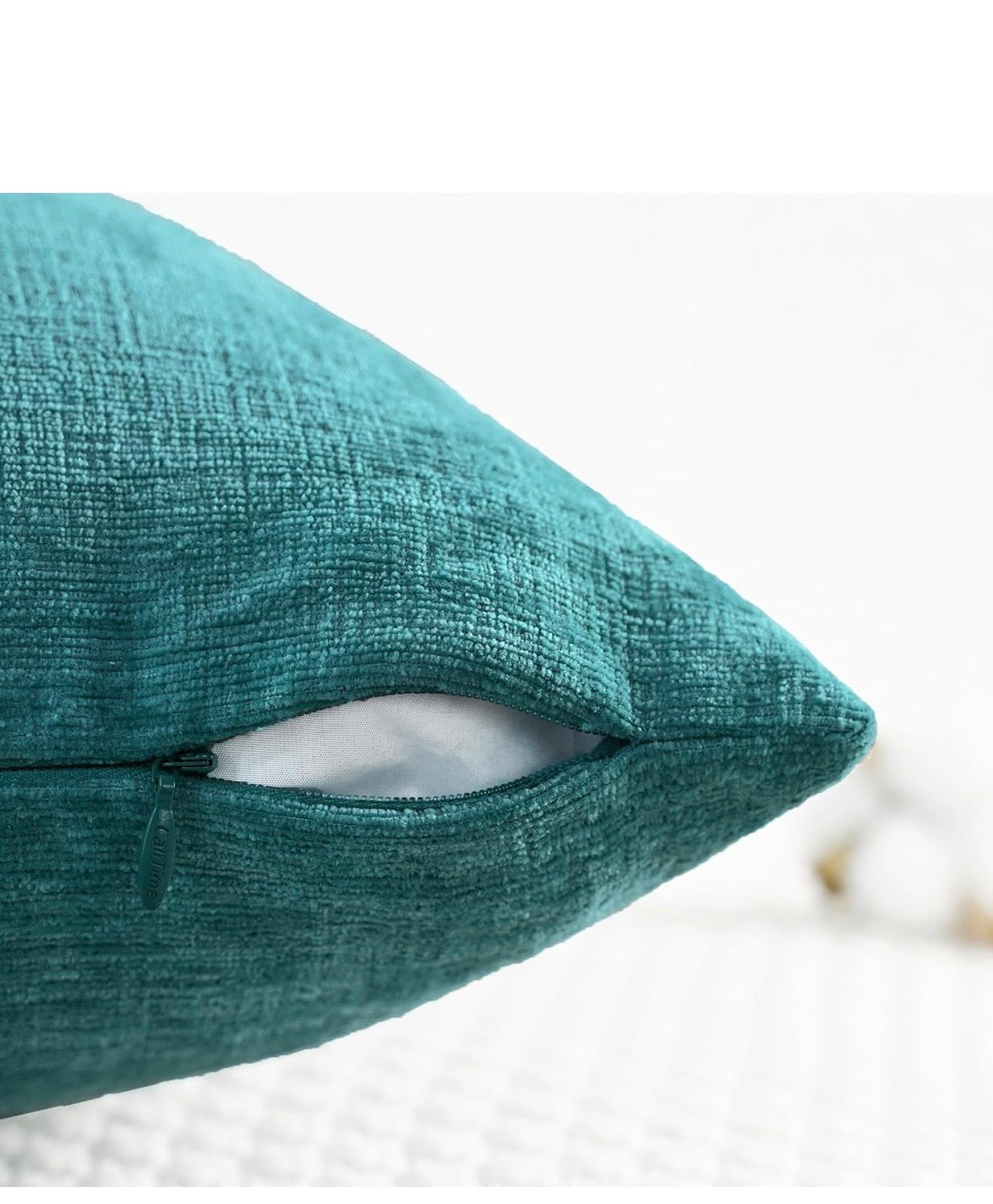 Teal loom chenille fabric detail 2