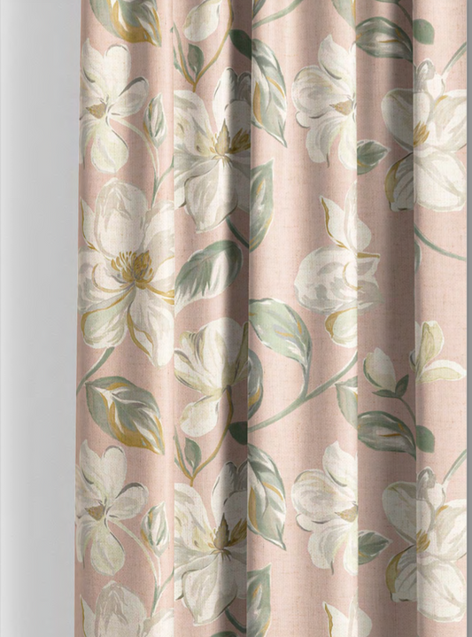 Close-up detail of blush magnolia bloom fabric