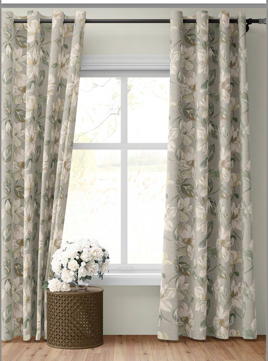 Close-up detail of grey magnolia bloom fabric