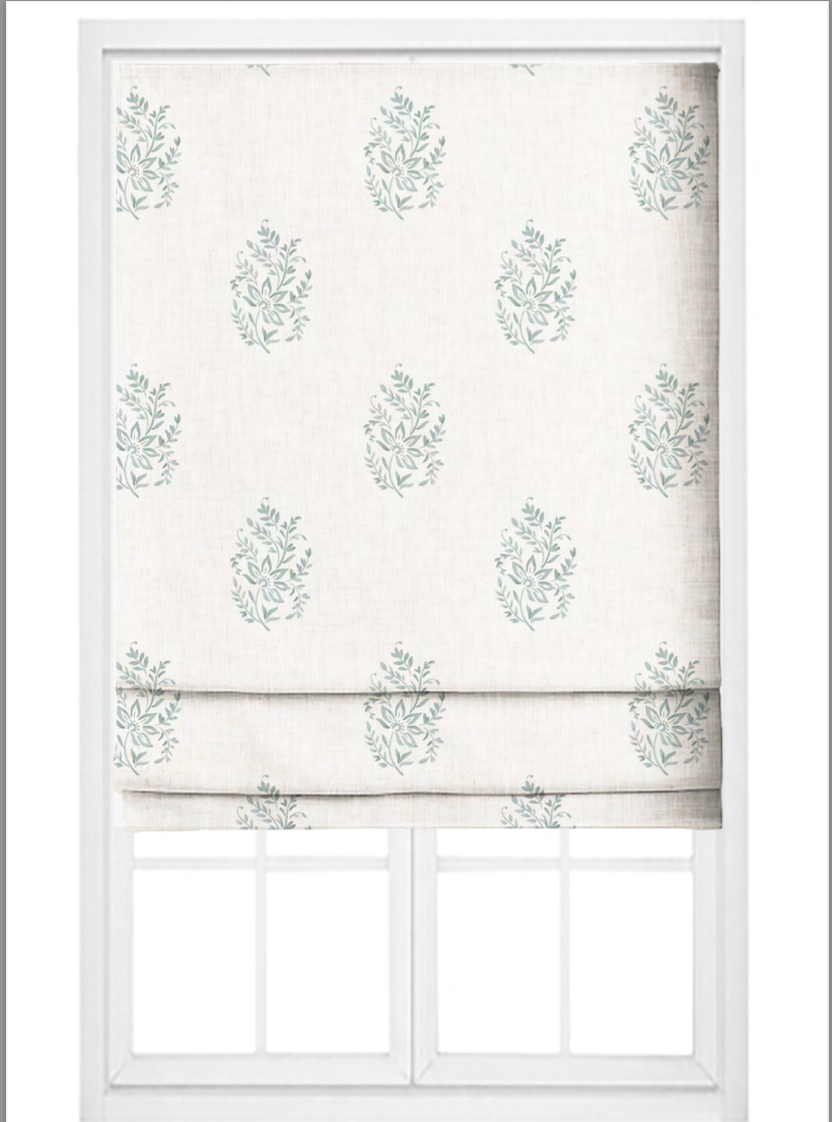 Close-up detail of aqua meadow buta fabric